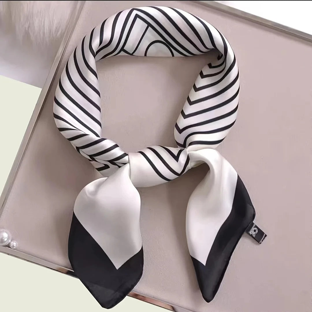 Luxury Black & White Silk Scarf Women Head Wrap Neckerchief