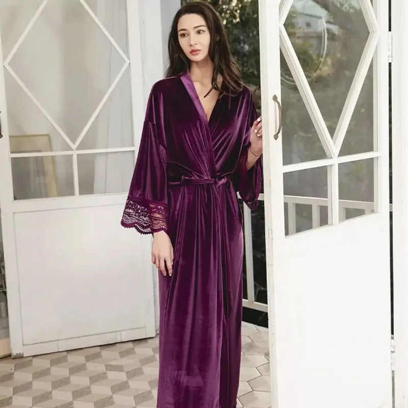 Women’s Velvet Nightgown Kimono Robe Sexy Lace Sleepwear