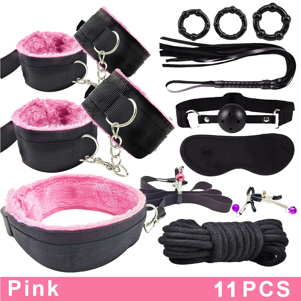 Exotic BDSM Bed Bondage Kit – Handcuffs, Whip & Gag