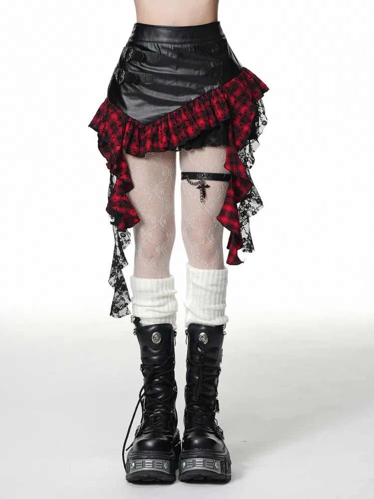 Faux Leather Mini Skirt Women Plaid Ruffle Heart Buckle