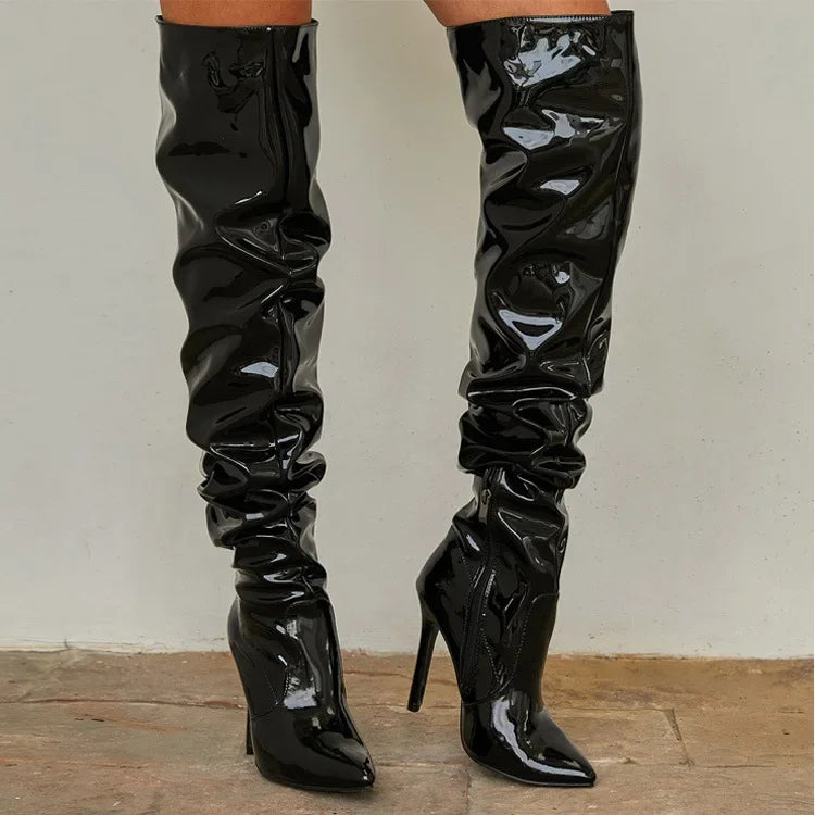 Sexy Pointy Thigh-High Boots Women Over-Knee Patent Heels