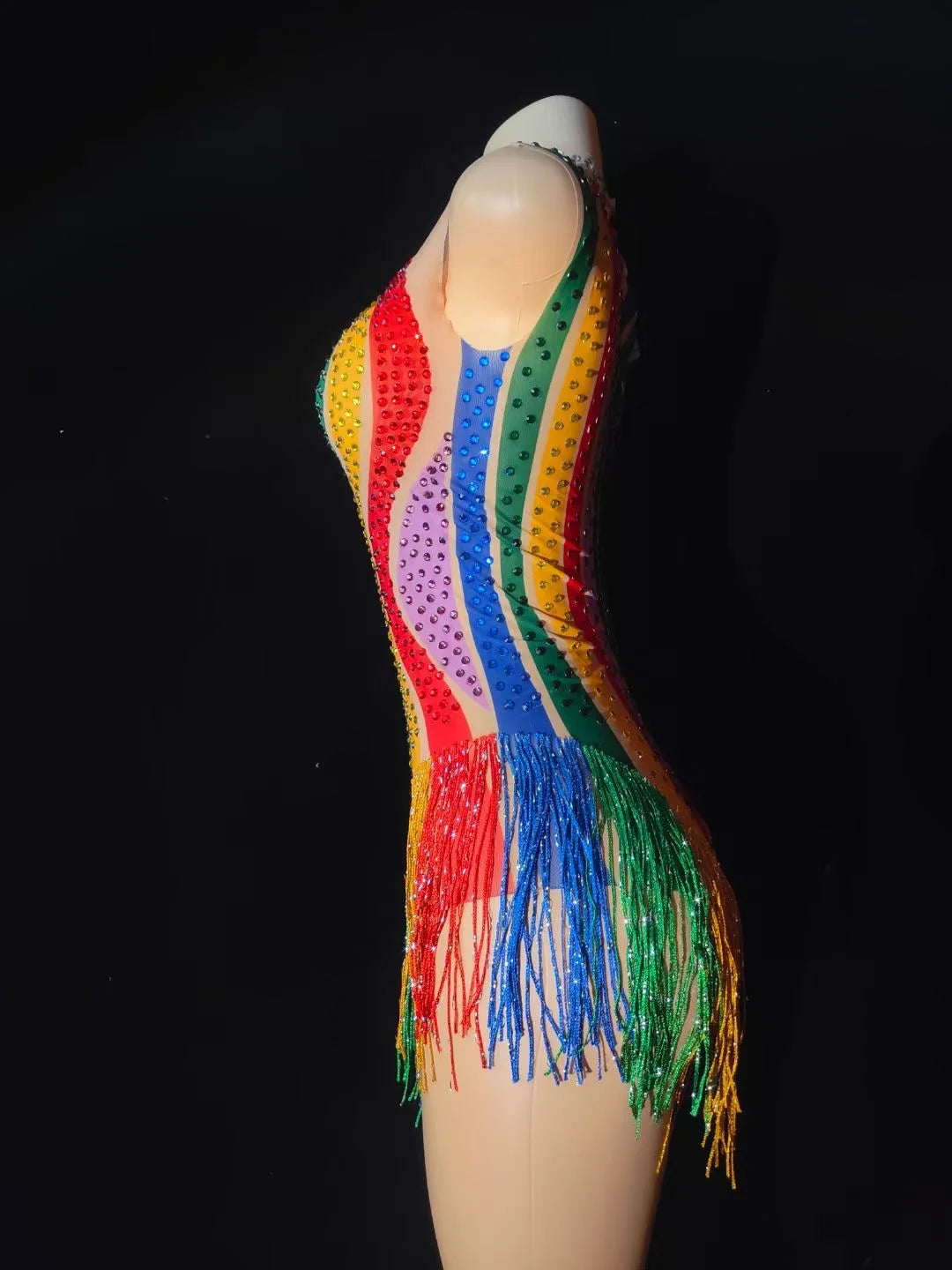 Rainbow Rhinestone Bodysuit Women Sexy Nightclub Outfit