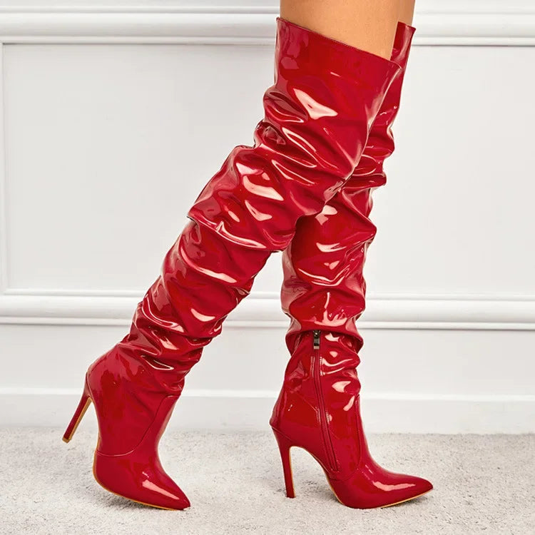 Sexy Pointy Thigh-High Boots Women Over-Knee Patent Heels