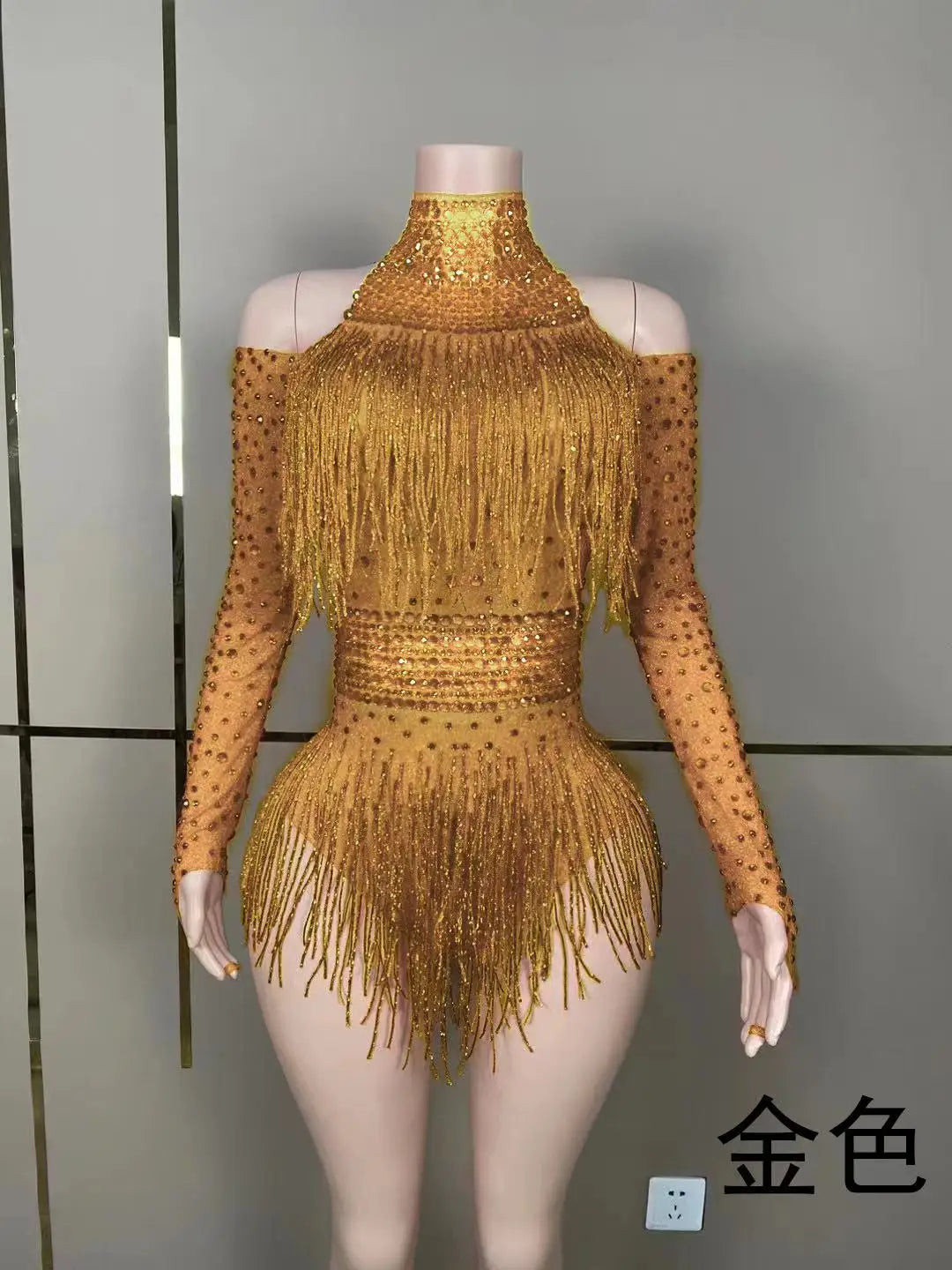 Green Red Black Rhinestone Fringe Bodysuit Clubwear