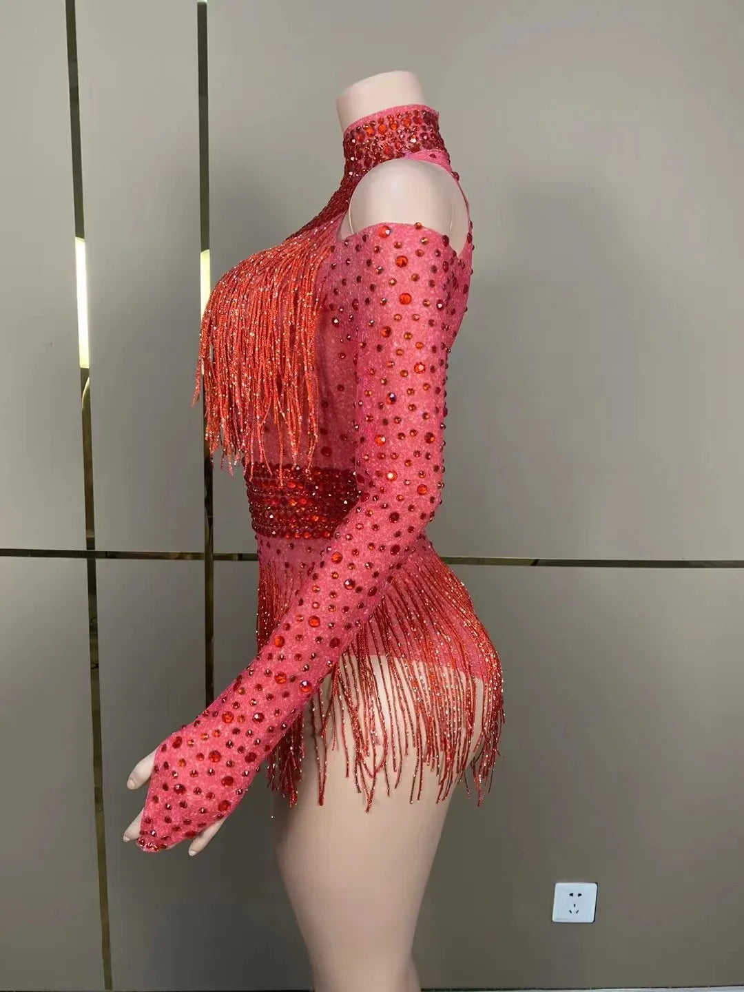 Green Red Black Rhinestone Fringe Bodysuit Clubwear