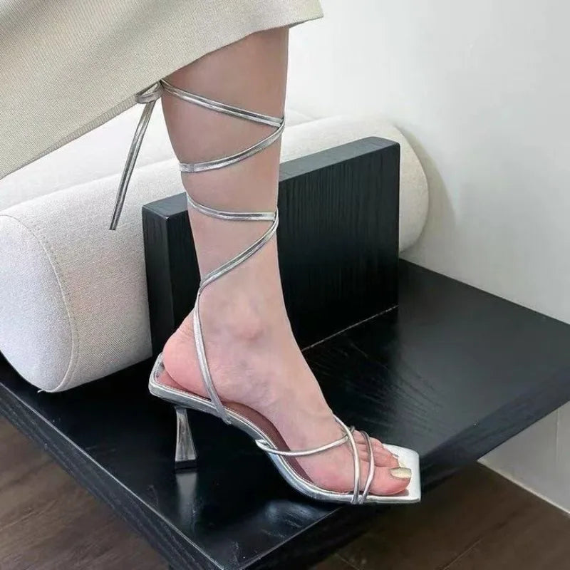 Strappy Roman Stiletto Sandals Women Open Square Toe Heels