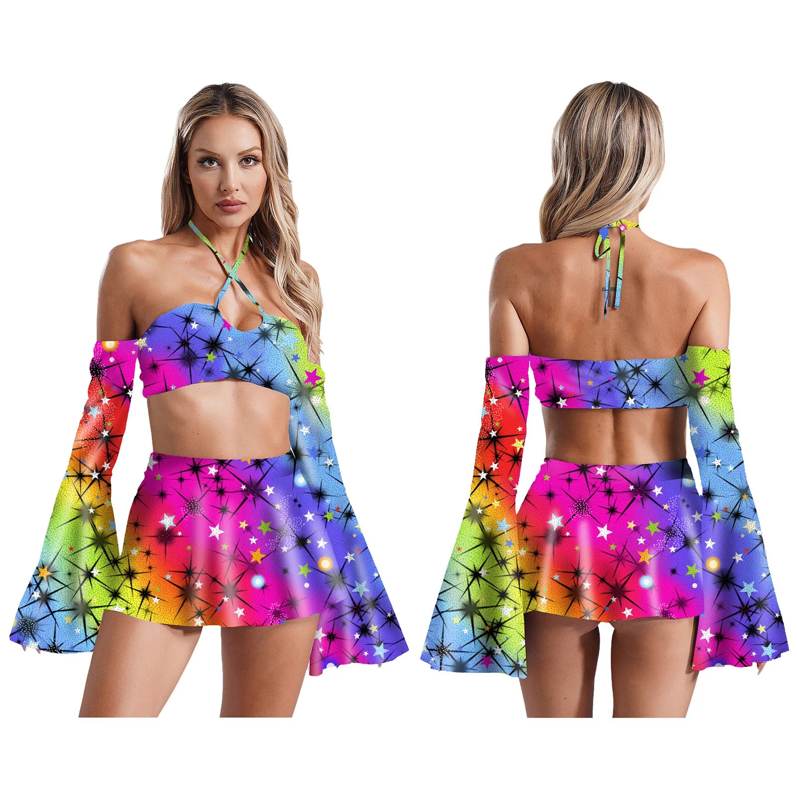 Women’s Rave Disco Pole Dance Outfit 3-Piece Skirt Set