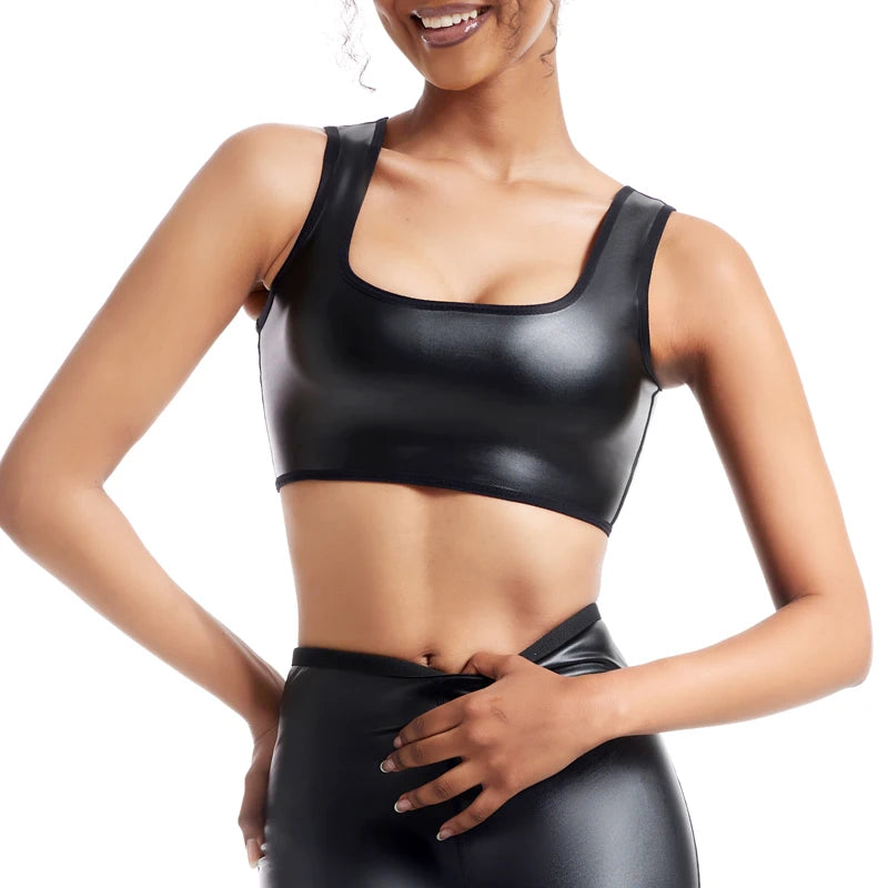 Women’s Faux Leather Sexy U-Neck Crop Tank Top Shapewear