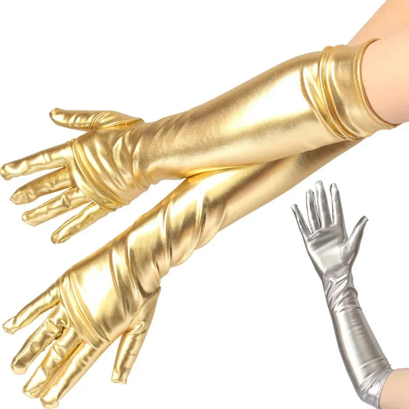 Sexy Long Patent Leather Gloves Gold Silver Y2K