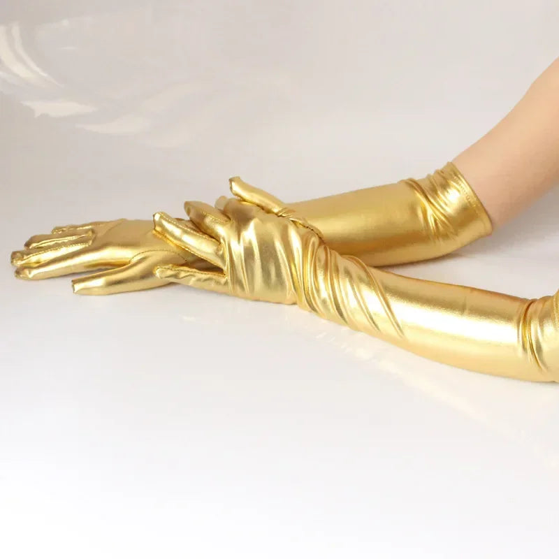 Sexy Long Patent Leather Gloves Gold Silver Y2K
