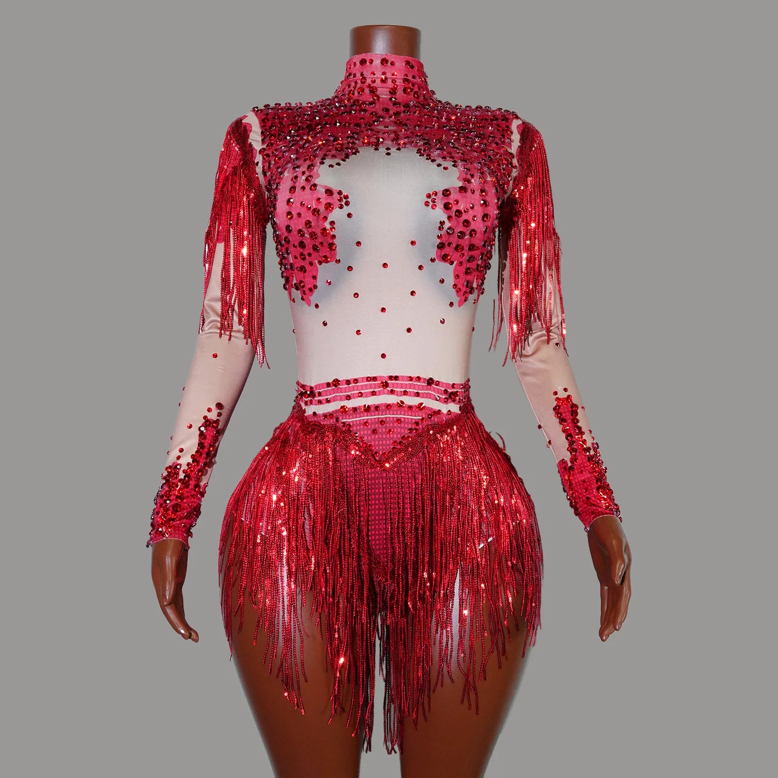 ChatGPT said:  Rhinestone Tassel Sequin Bodysuit Women Club Costume