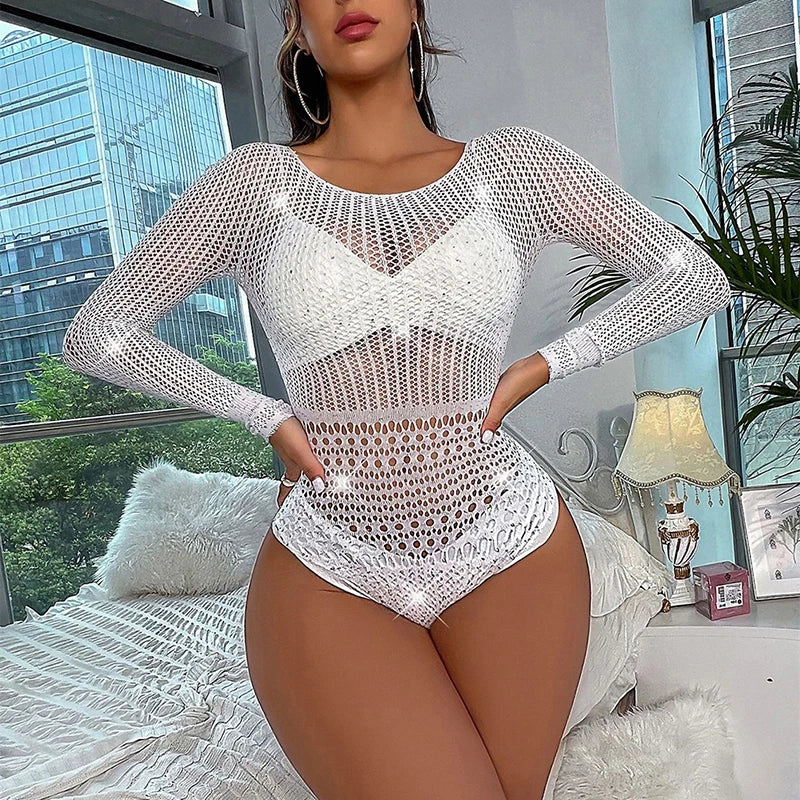 Sexy Rhinestone Fishnet Bodysuit Women Backless Outfit