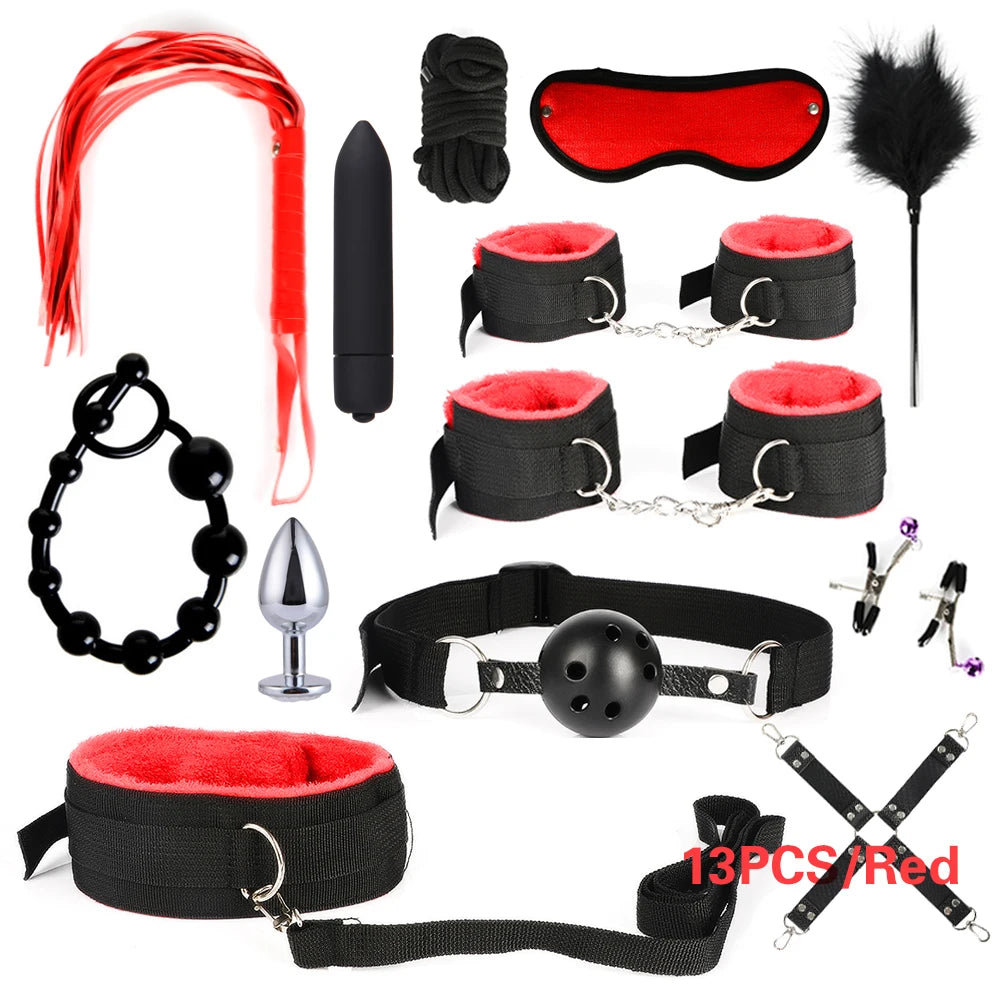 BDSM Bondage Kit for Adults – Handcuffs, Whip & Plug