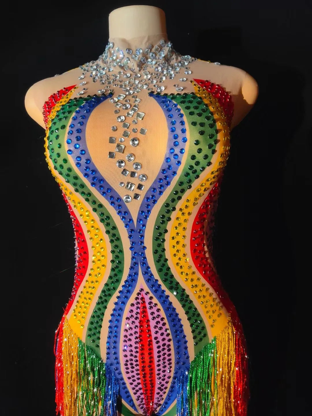 Rainbow Rhinestone Bodysuit Women Sexy Nightclub Outfit