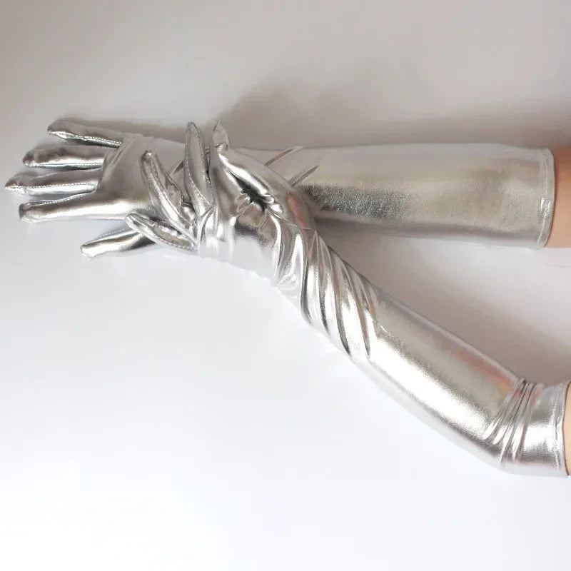 Sexy Long Patent Leather Gloves Gold Silver Y2K