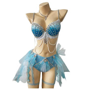 Women’s Blue Crystal Beading Bikini Pole Dance Outfit