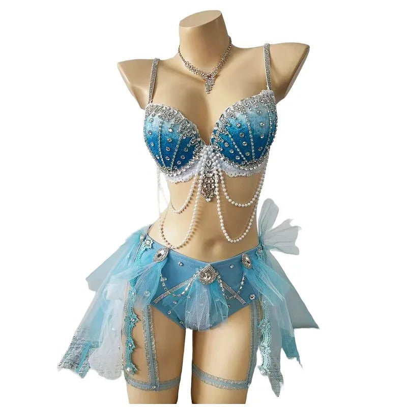 Women’s Blue Crystal Beading Bikini Pole Dance Outfit