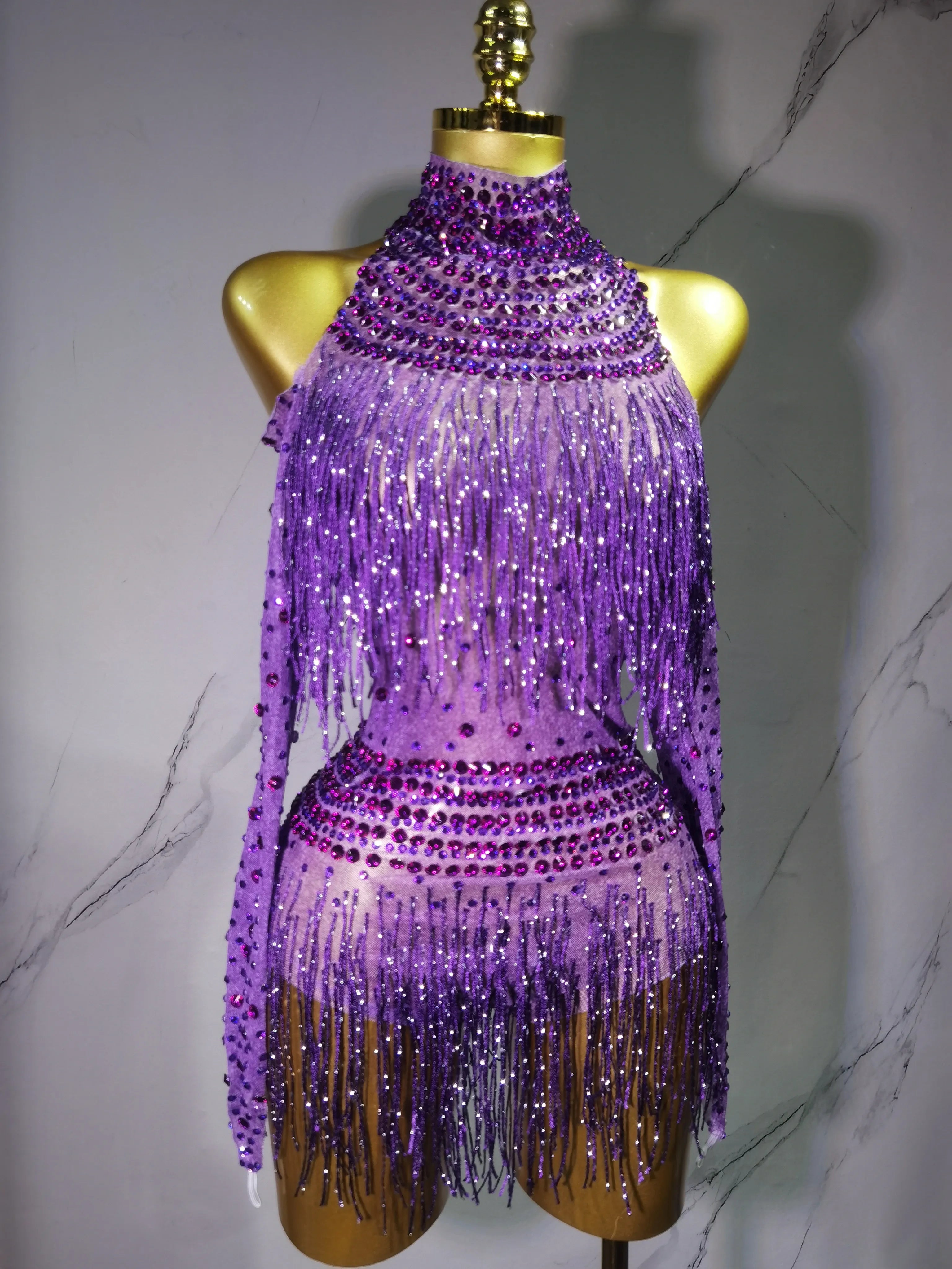 Rhinestone Fringe Bodysuit Rave Dance Outfit