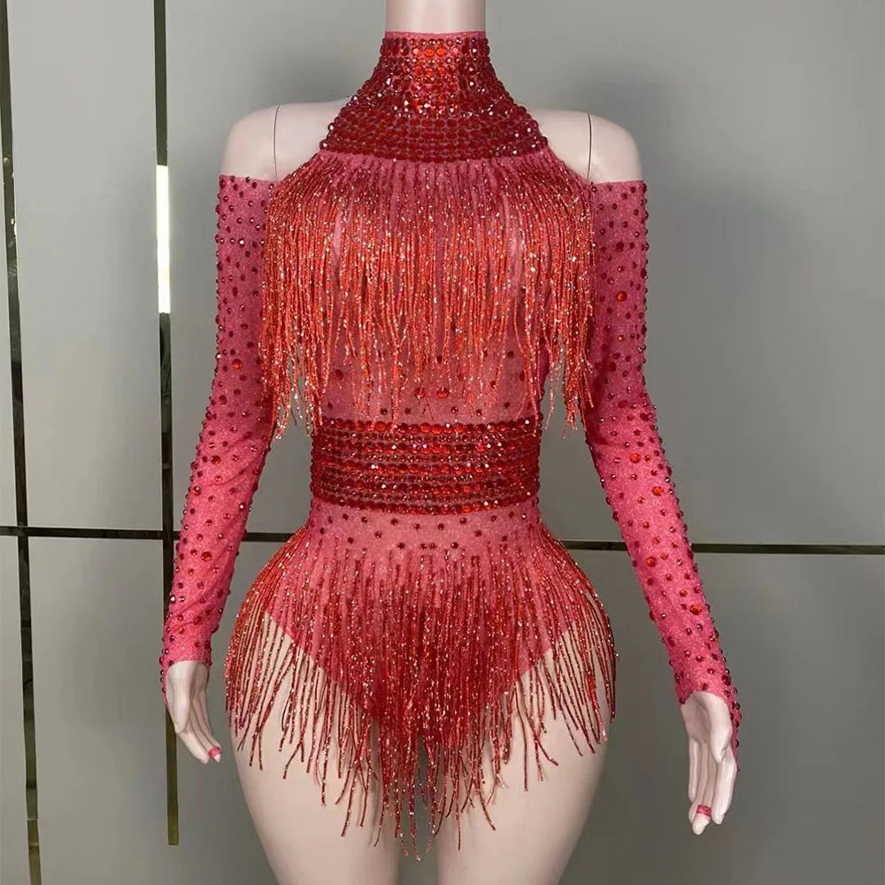 Green Red Black Rhinestone Fringe Bodysuit Clubwear