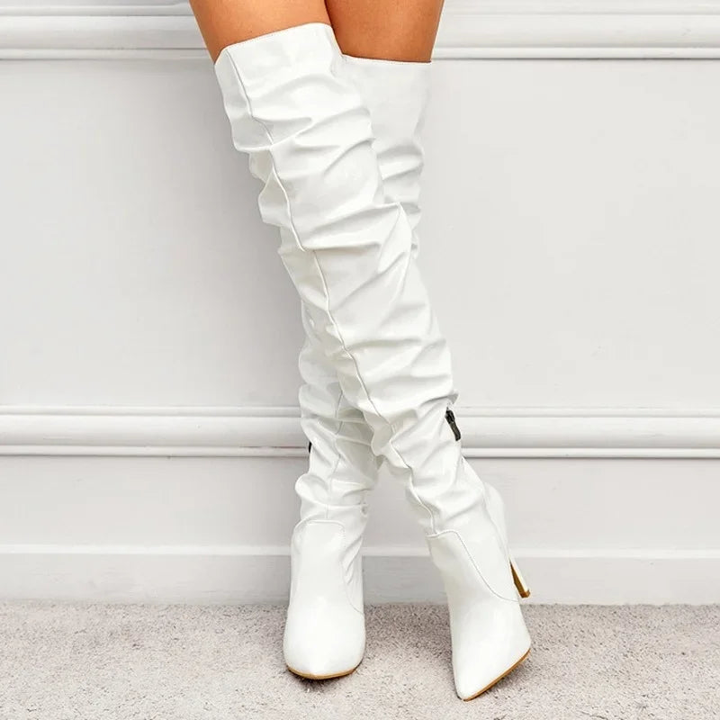 Sexy Pointy Thigh-High Boots Women Over-Knee Patent Heels