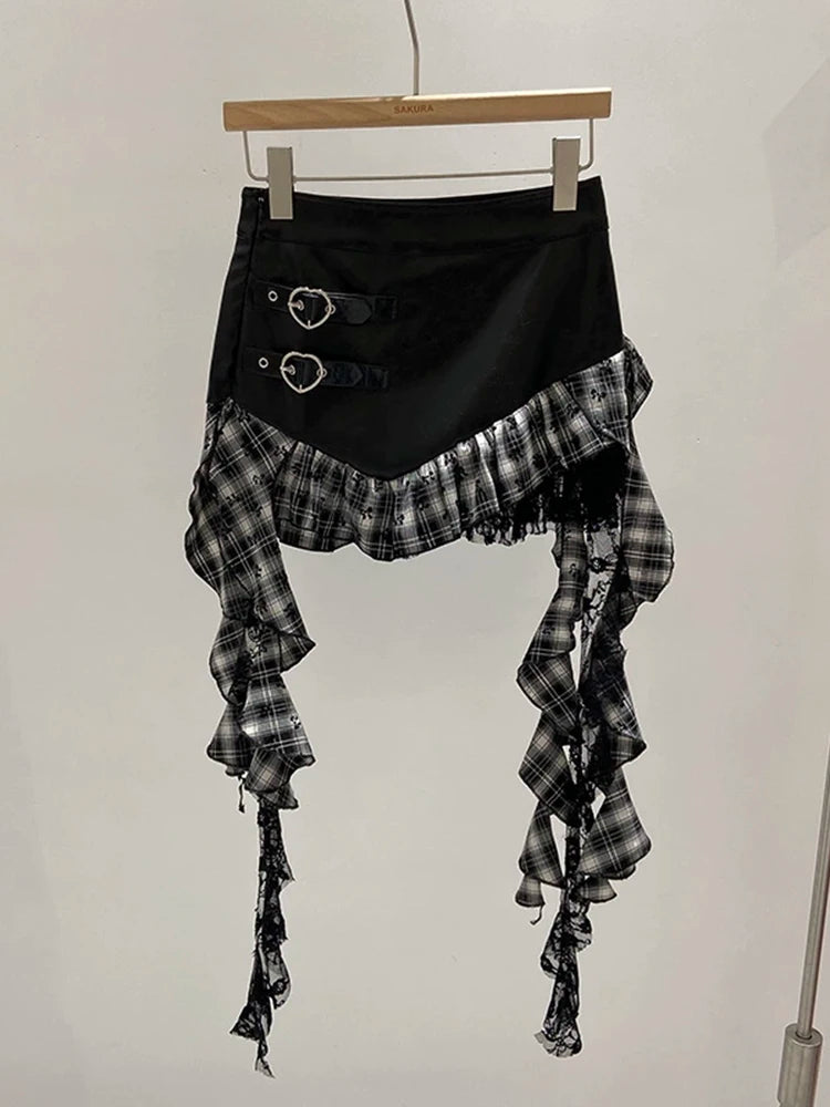 Faux Leather Mini Skirt Women Plaid Ruffle Heart Buckle