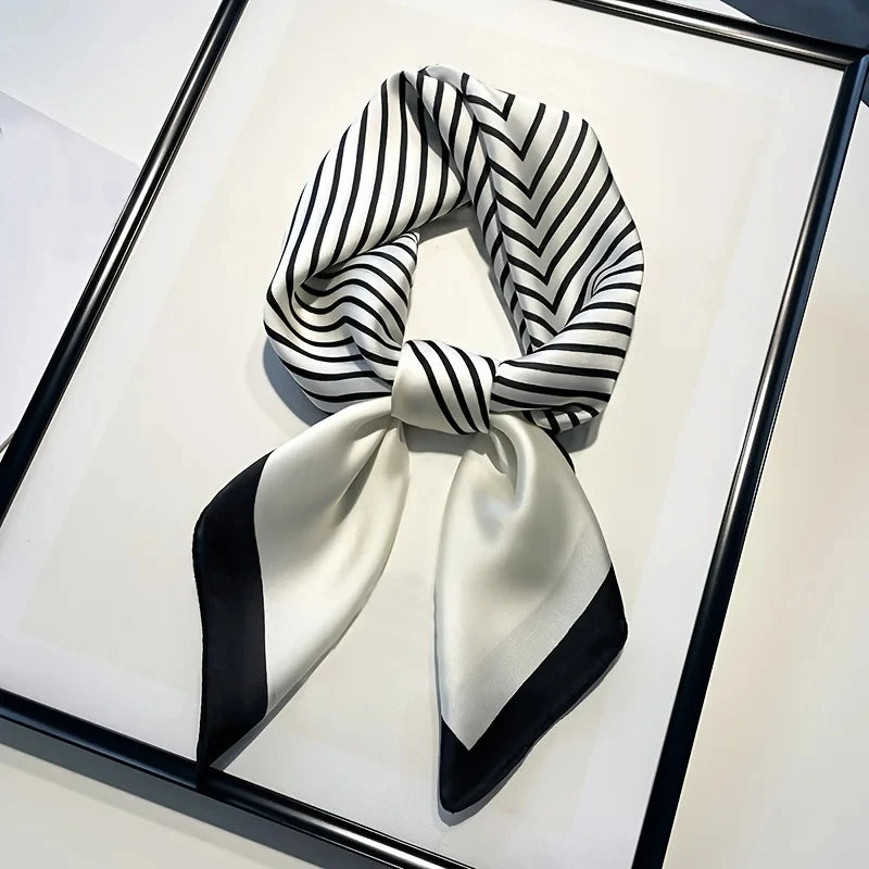 Luxury Black & White Silk Scarf Women Head Wrap Neckerchief