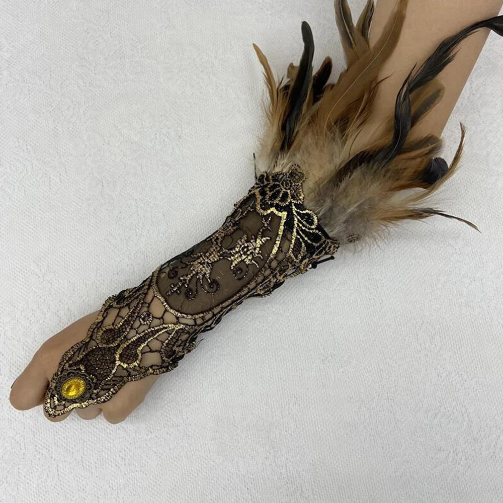 Sexy Lace Feather Long Gloves Women Gothic Fingerless