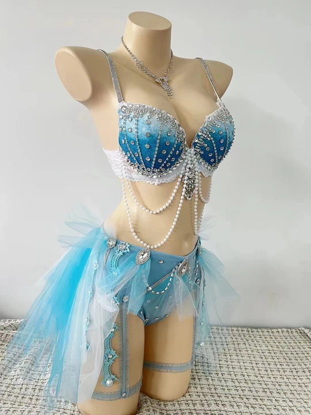 Women’s Blue Crystal Beading Bikini Pole Dance Outfit