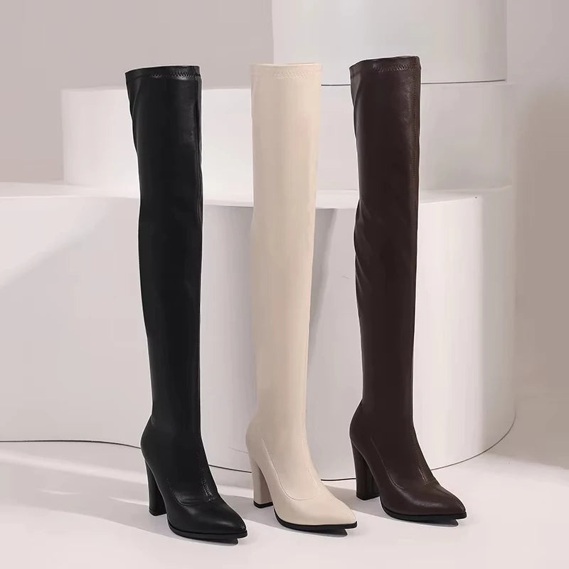 Sexy Thigh-High Leather Boots Women Over-Knee Black Heels