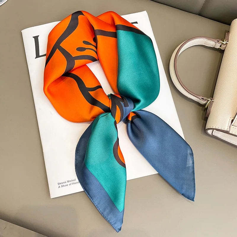 Luxury Black & White Silk Scarf Women Head Wrap Neckerchief