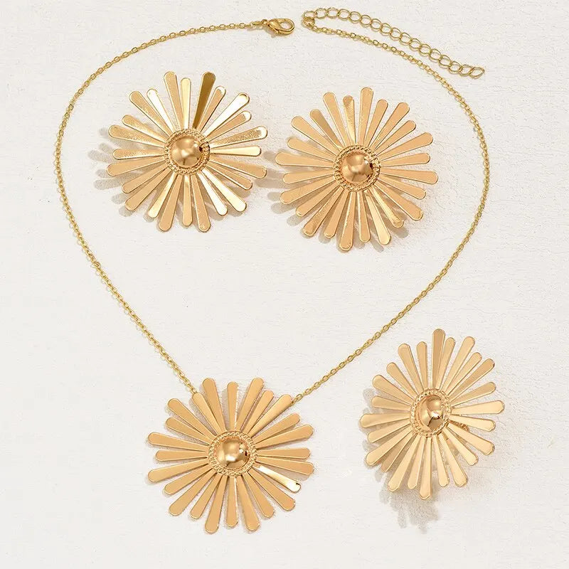 Gold Plated Flower Jewelry Set Necklace Earrings Ring Gift