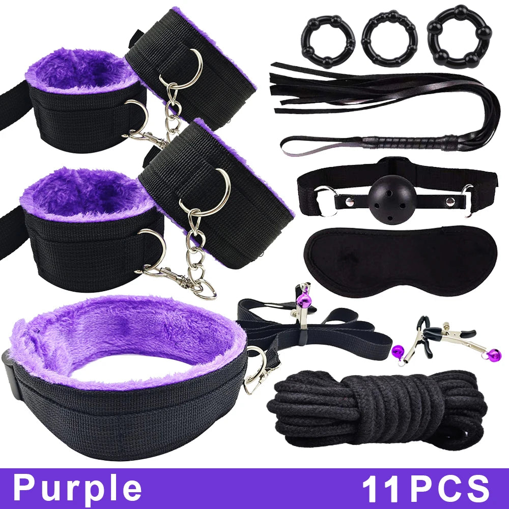 Exotic BDSM Bed Bondage Kit – Handcuffs, Whip & Gag