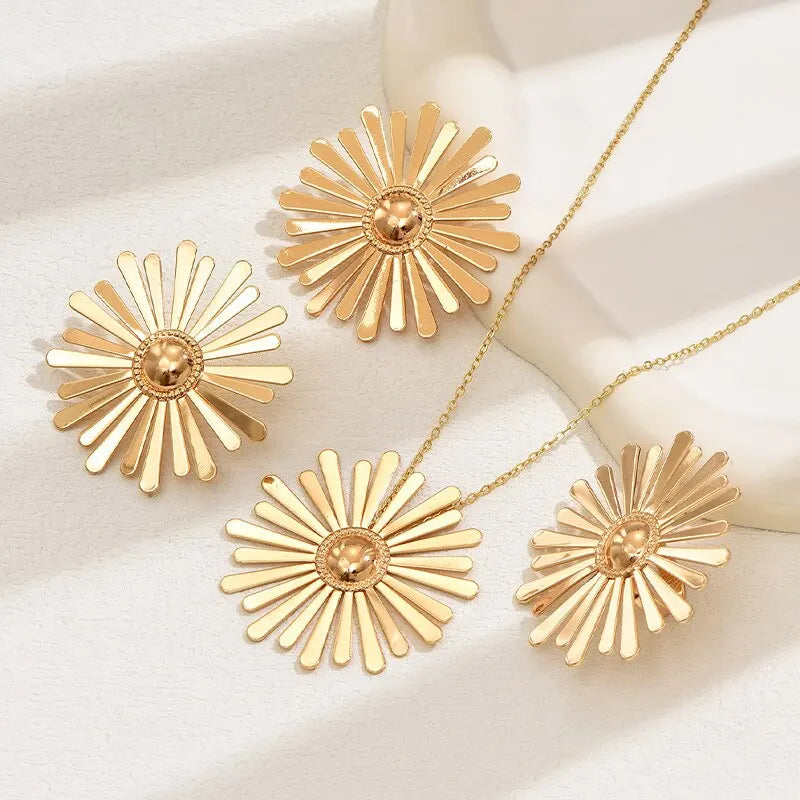 Gold Plated Flower Jewelry Set Necklace Earrings Ring Gift