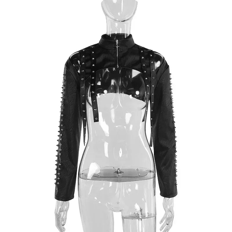 Women’s Punk Faux Leather Cropped Jacket Slim Fit Top