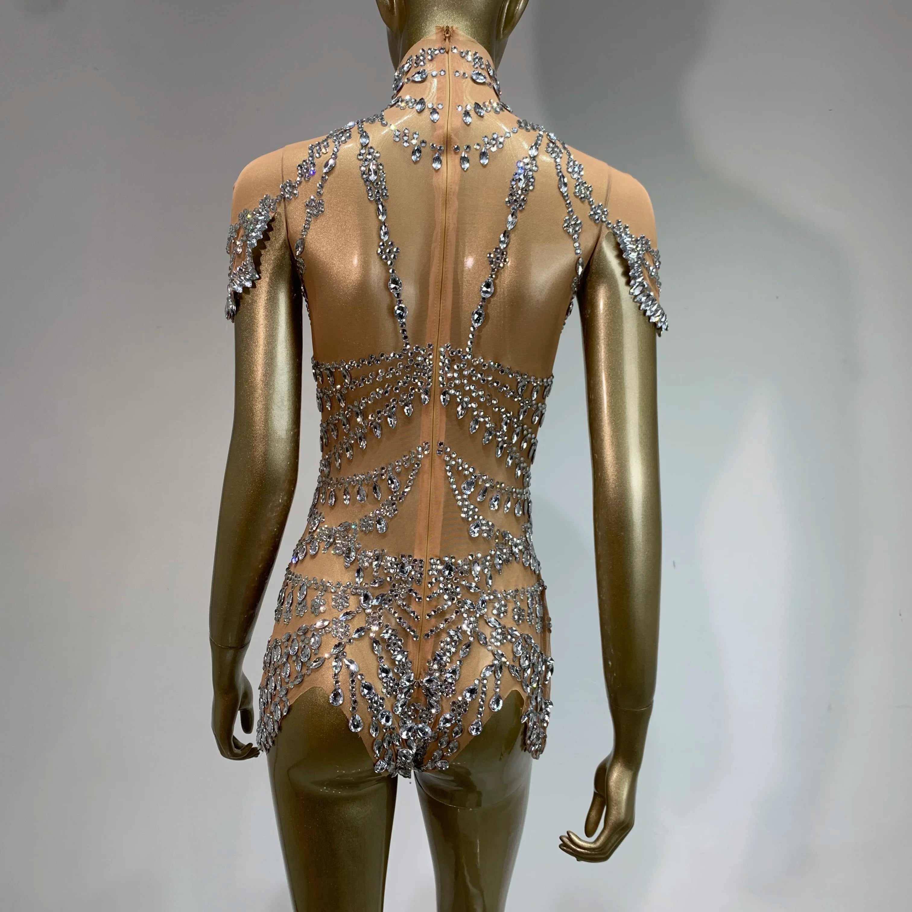 Sparkly Rhinestone Mesh Bodysuit Women Club Outfit