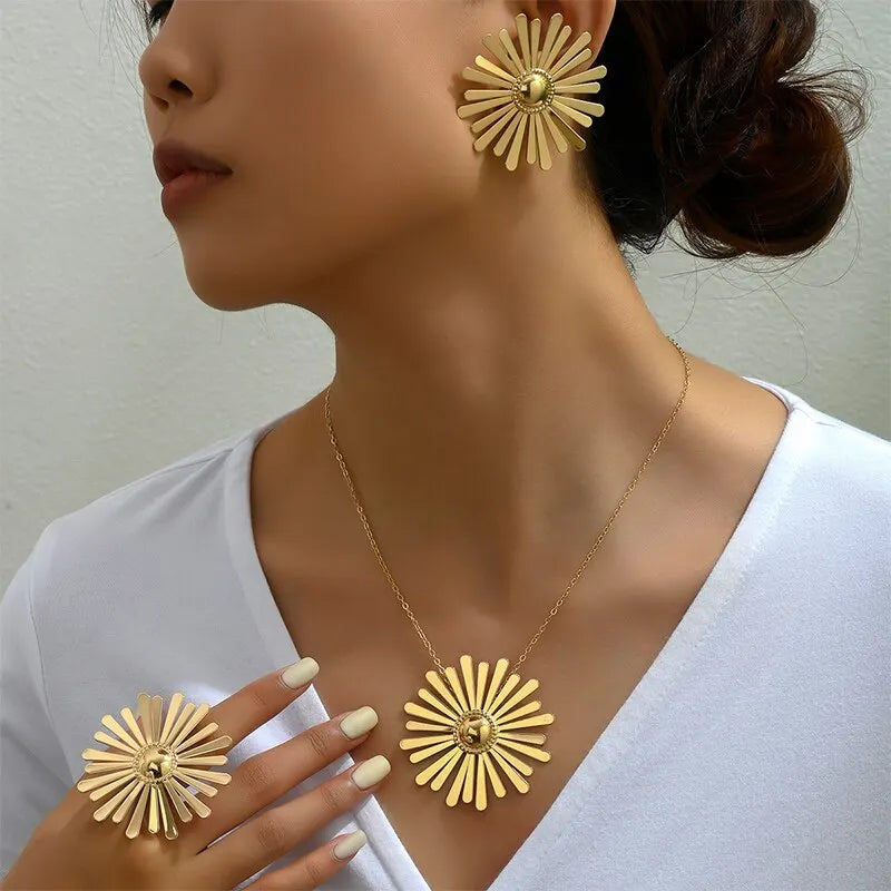 Gold Plated Flower Jewelry Set Necklace Earrings Ring Gift