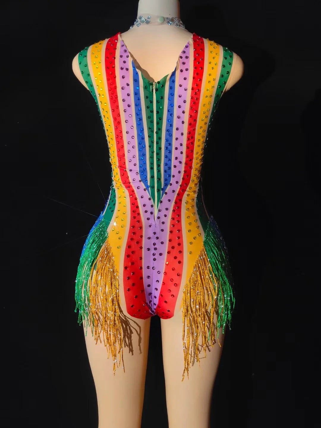 Rainbow Rhinestone Bodysuit Women Sexy Nightclub Outfit