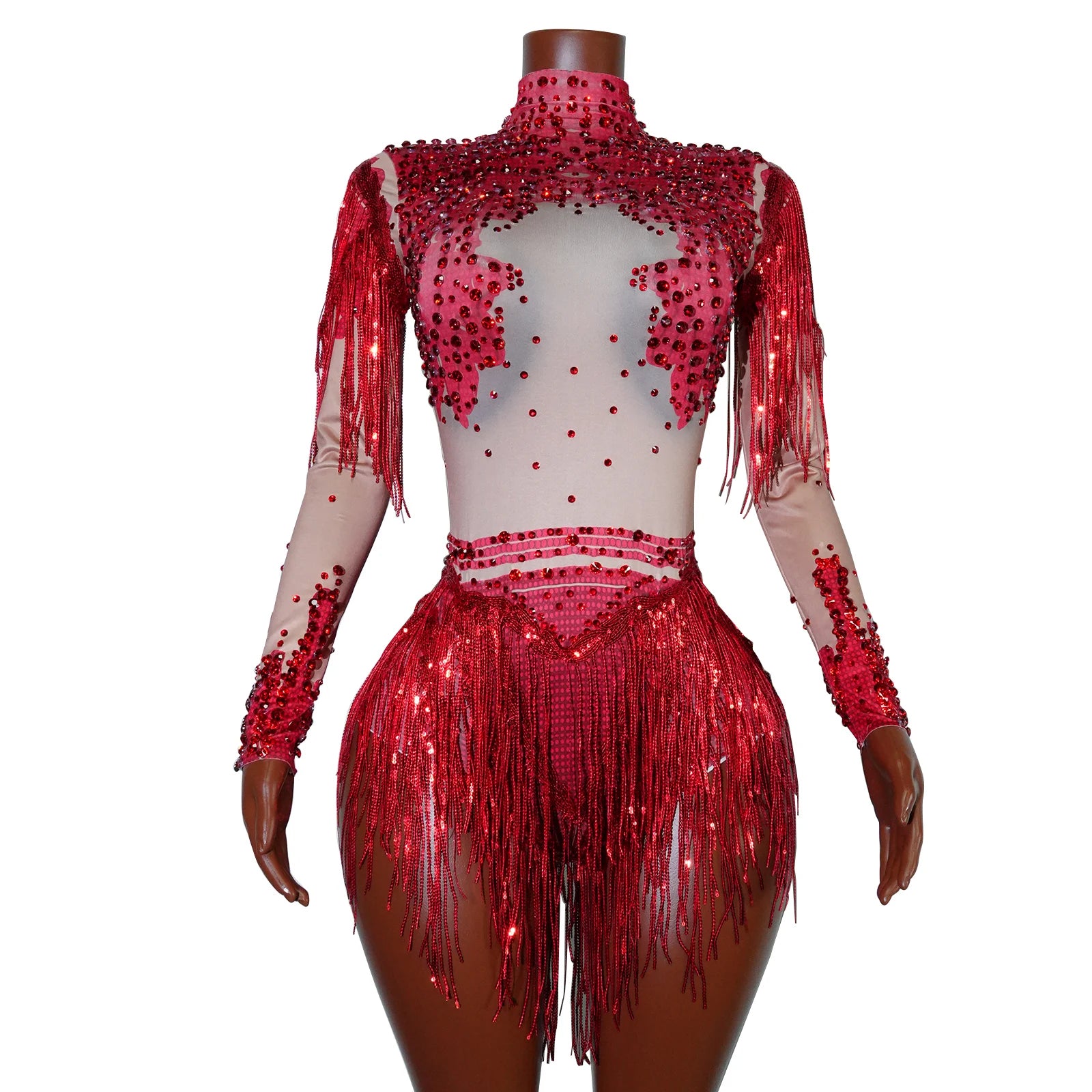 ChatGPT said:  Rhinestone Tassel Sequin Bodysuit Women Club Costume