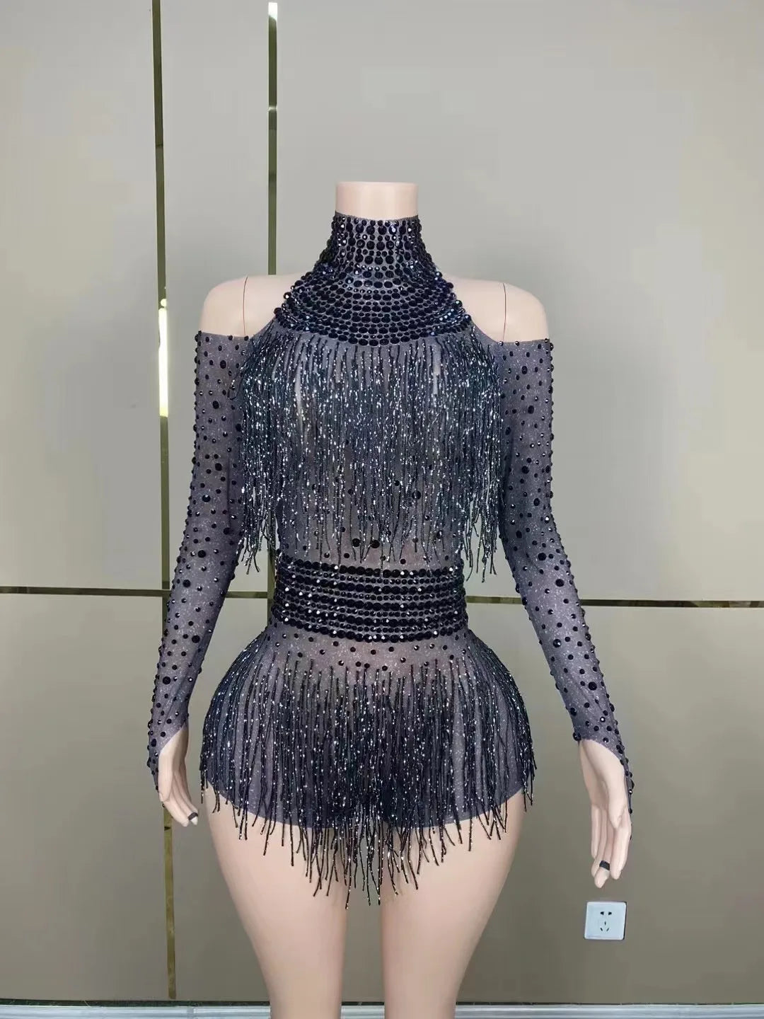 Green Red Black Rhinestone Fringe Bodysuit Clubwear