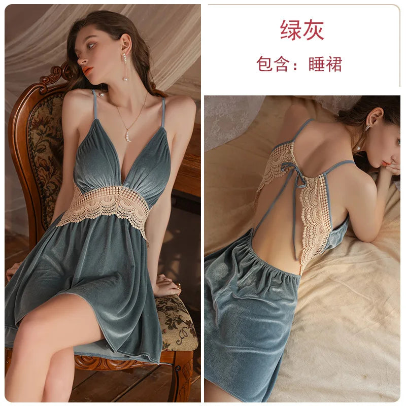 Sexy Deep V Backless Velvet Lace Nightdress Robe Women