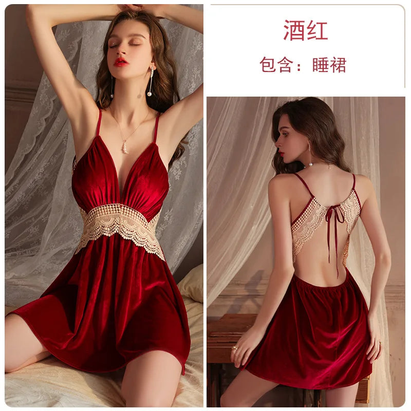 Sexy Deep V Backless Velvet Lace Nightdress Robe Women