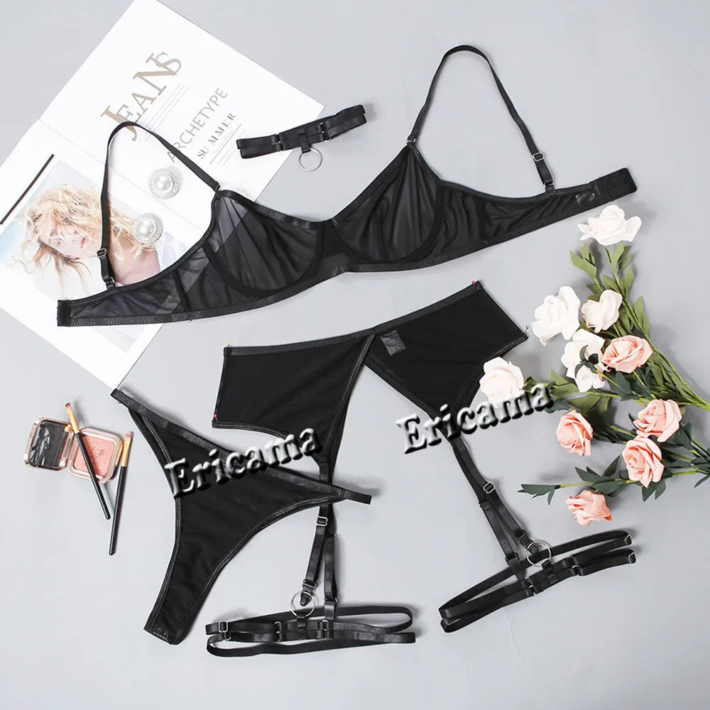 Women’s Lace Garter Lingerie Set Bra Thong with Choker