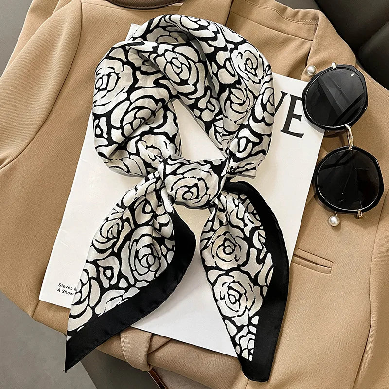 Luxury Black & White Silk Scarf Women Head Wrap Neckerchief