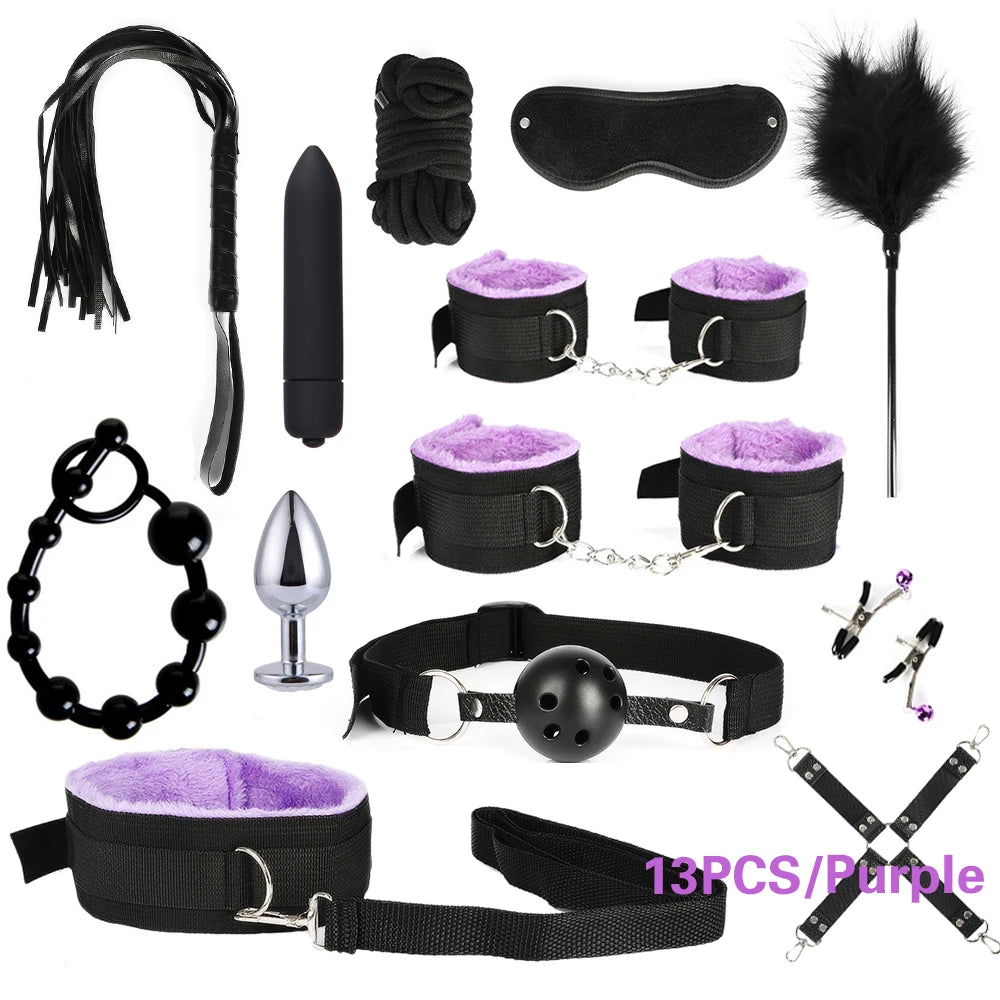 BDSM Bondage Kit for Adults – Handcuffs, Whip & Plug
