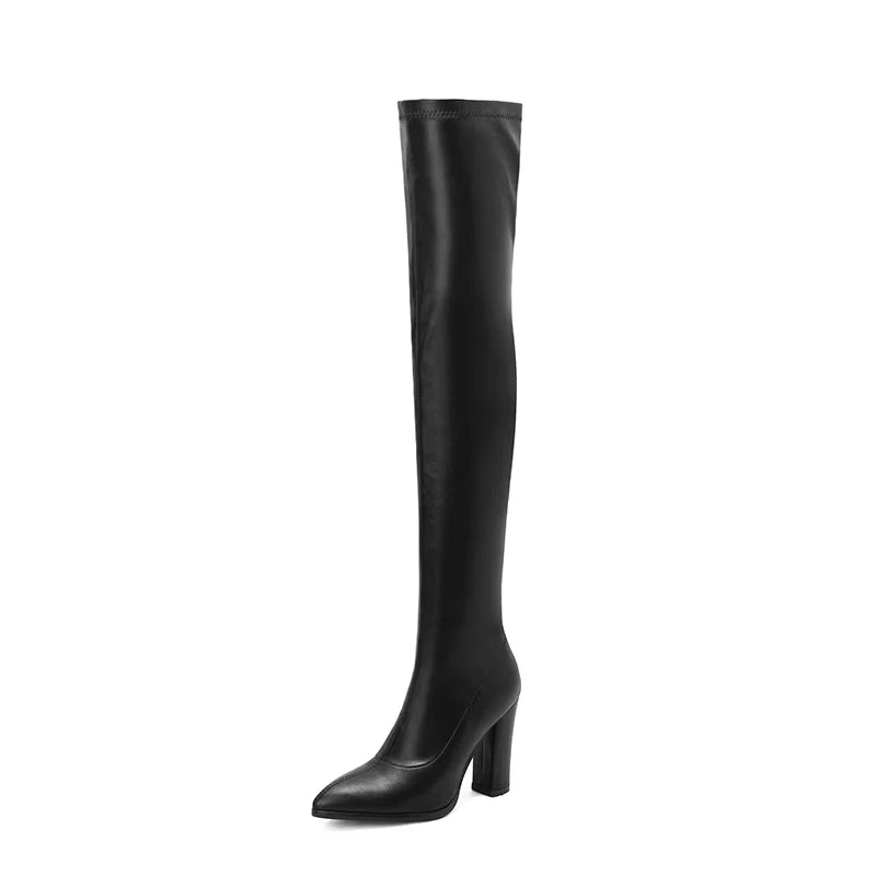 Sexy Thigh-High Leather Boots Women Over-Knee Black Heels