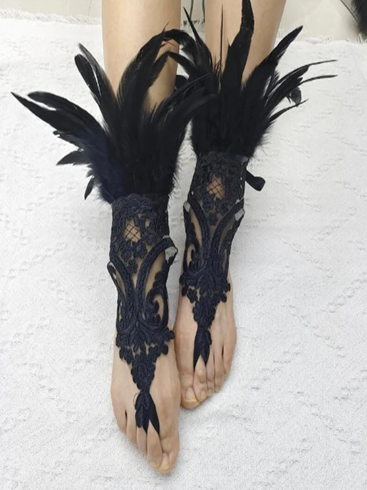 Sexy Lace Feather Long Gloves Women Gothic Fingerless