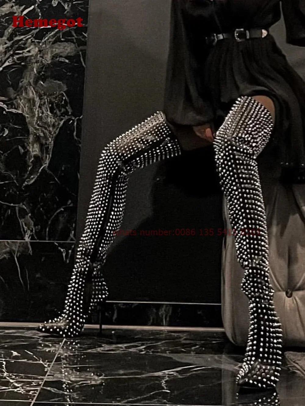 Silver Studded Thigh-High Boots Women Pointy Toe Heels