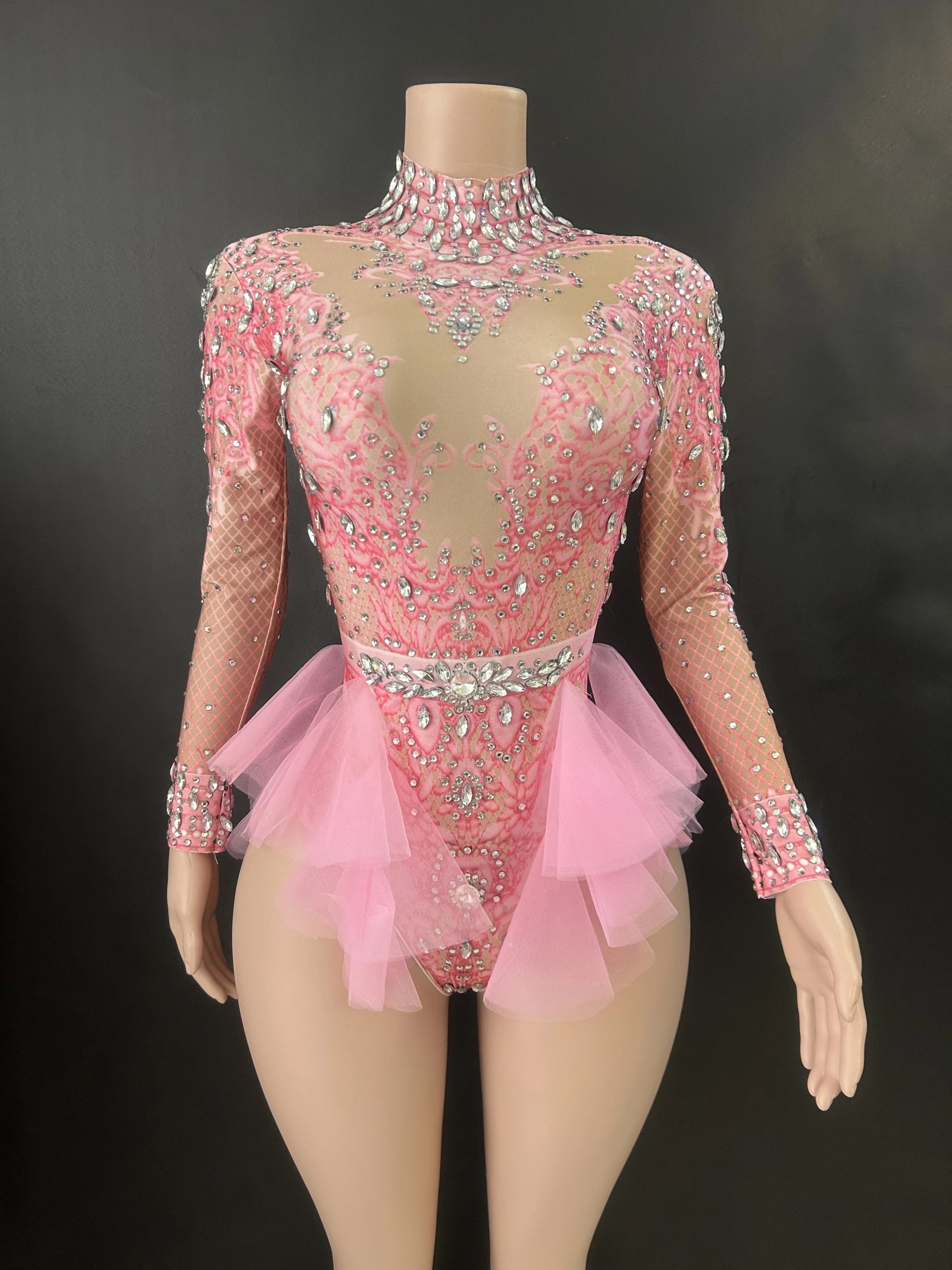 ChatGPT said:  Pink Mesh Rhinestone Ruffle Bodysuit Stage Outfit