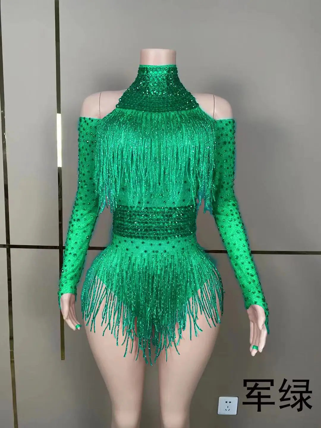 Green Red Black Rhinestone Fringe Bodysuit Clubwear