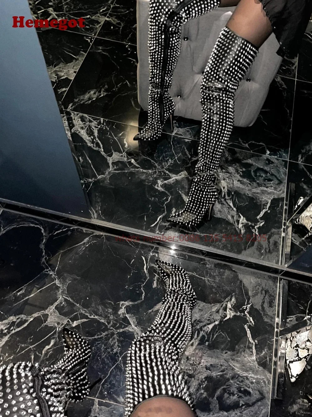 Silver Studded Thigh-High Boots Women Pointy Toe Heels